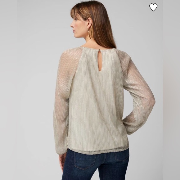 💛NWT White House Black Market Long Sleeve Silver/Gold Lurex On Ecru Crinkle Top - Picture 4 of 6